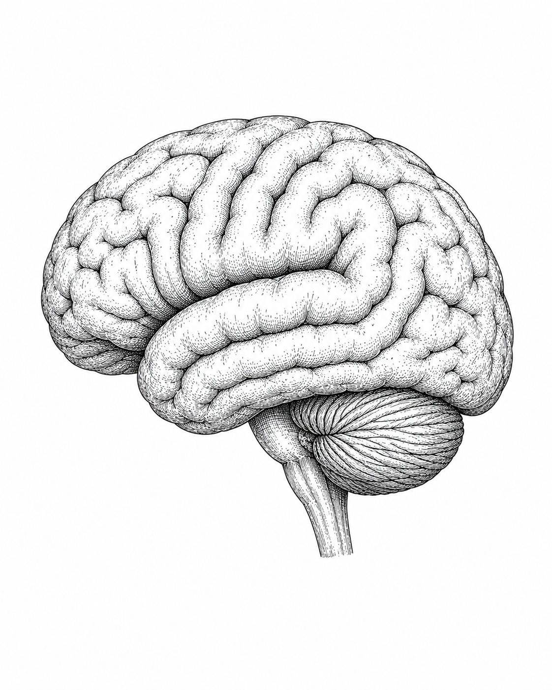 Black and white illustration of a brain on a white background