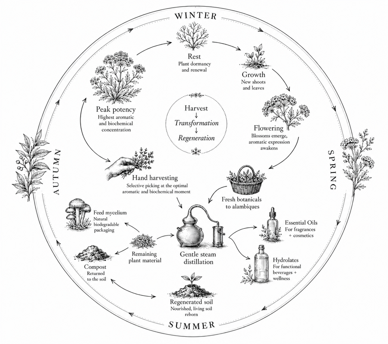 Diagram of the botanical and distillation process at Cala Falcó