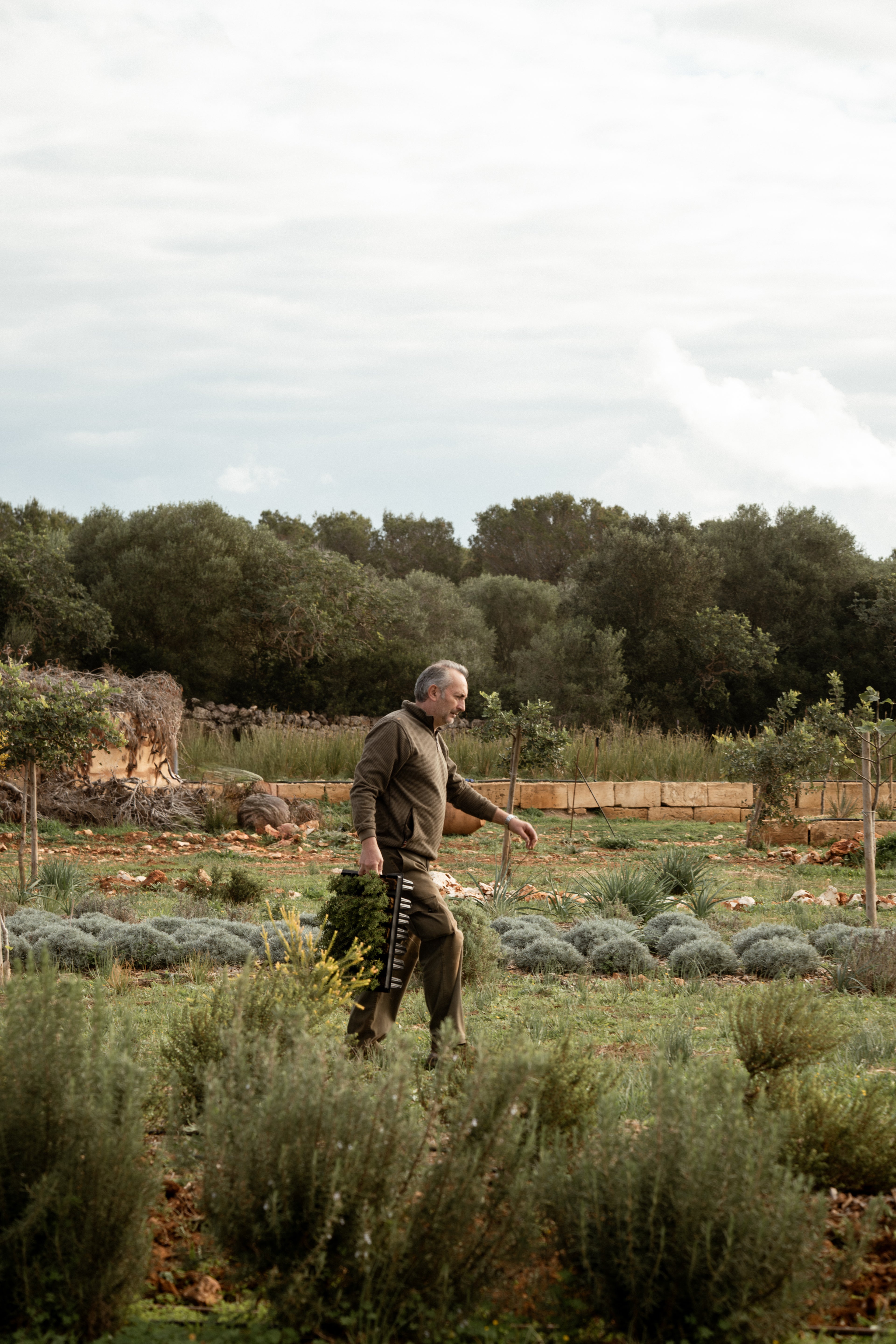 Cala Falcó team member walking through a garden with trees and plants in the background