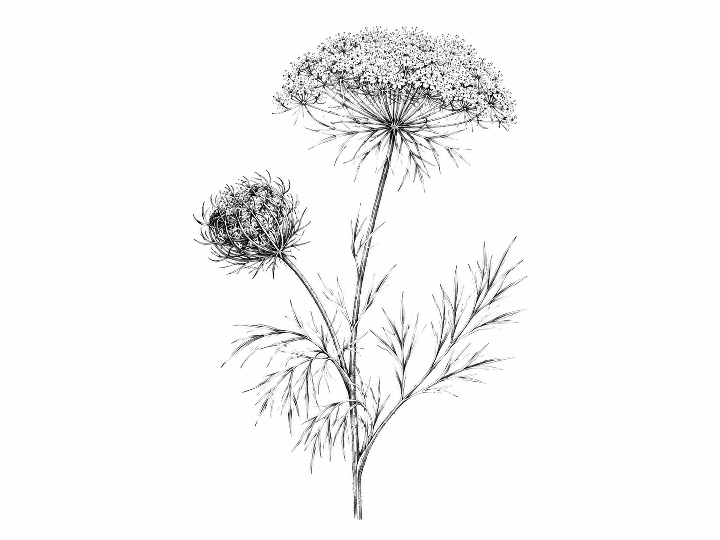Black and white illustration of a plant with flowers on a white background